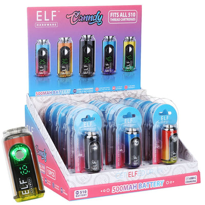 15CT DISPLAY - ELF Hardware Canndy 510 Cart Vape Battery - 500mAh / Assorted Colors