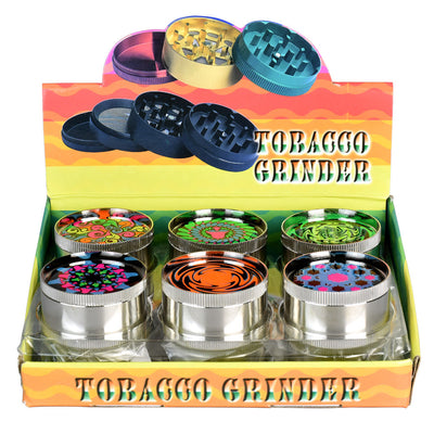 12PC DISP - 2" Metal 3pc Grinder w/ Black Light Designs - Headshop.com