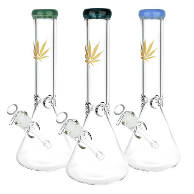 Gold Hemp Leaf Glass Beaker Water Pipe | 14mm F | Colors Vary - Headshop.com