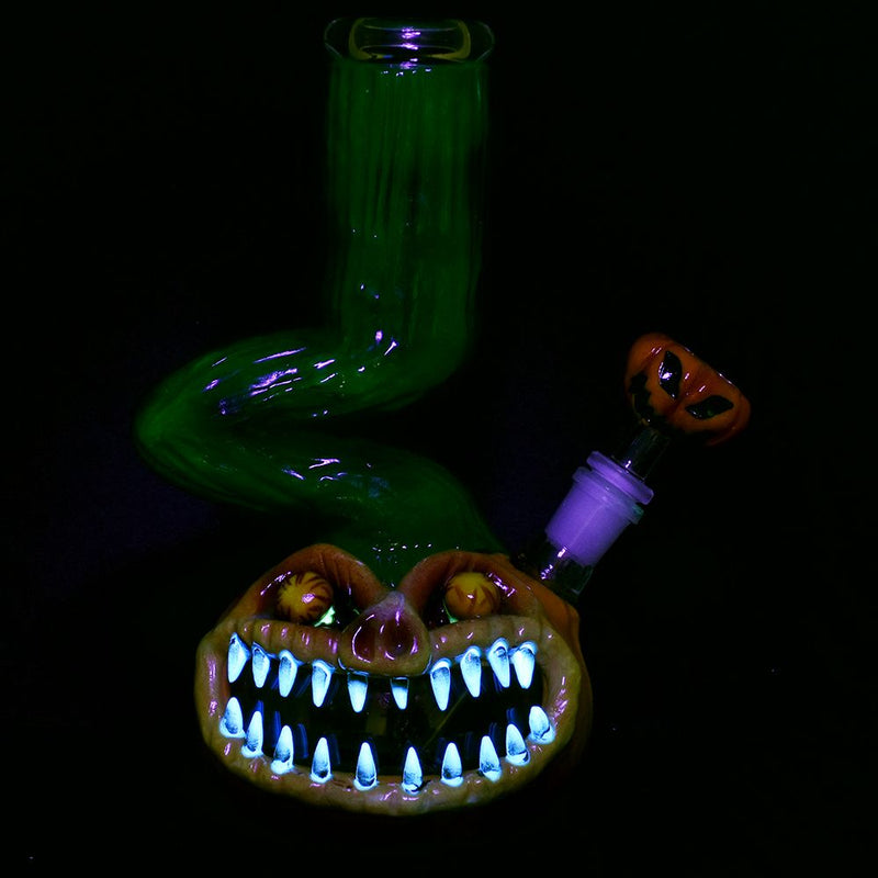 Bent Neck Scary Pumpkin Enamel On Glass Water Pipe - 10" / 14mm F - Headshop.com