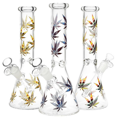 Stylized Hemp Leaf Glow in Dark Glass Water Pipe - 10" / 14mm F / Colors Vary - Headshop.com