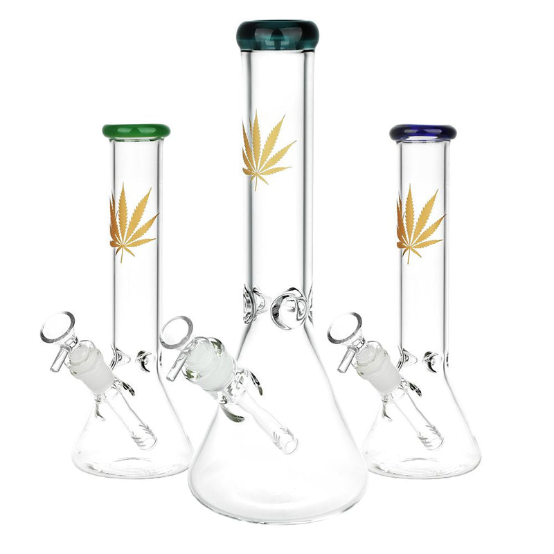 Gold Hemp Leaf Glass Beaker Water Pipe | 14mm F | Colors Vary - Headshop.com